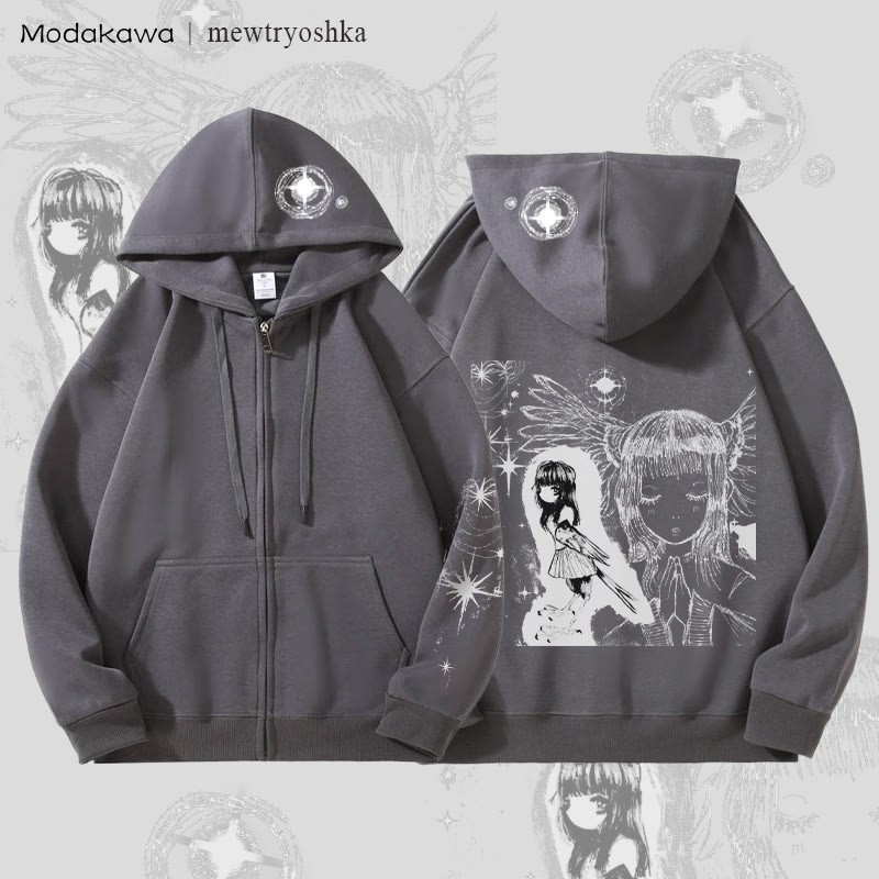 MODAKAWA X mewtryoshka Praying Angel Girl Graphic Fleece Lined Zip Up Hoodie Sweatshirt - Dark Grey - 5XL - image 1