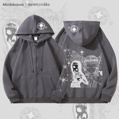 MODAKAWA X mewtryoshka Praying Angel Girl Graphic Fleece Lined Zip Up Hoodie Sweatshirt - Dark Grey - 5XL - image 1