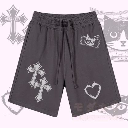 MODAKAWA Shorts mit Kreuzflammen-Herz-Grafik und Kordelzug - Lila - 2XL - image 2