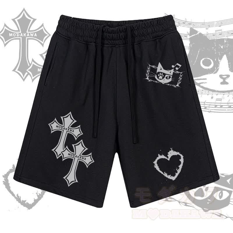 MODAKAWA Shorts mit Kreuzflammen-Herz-Grafik und Kordelzug - Schwarz - 2XL - image 1