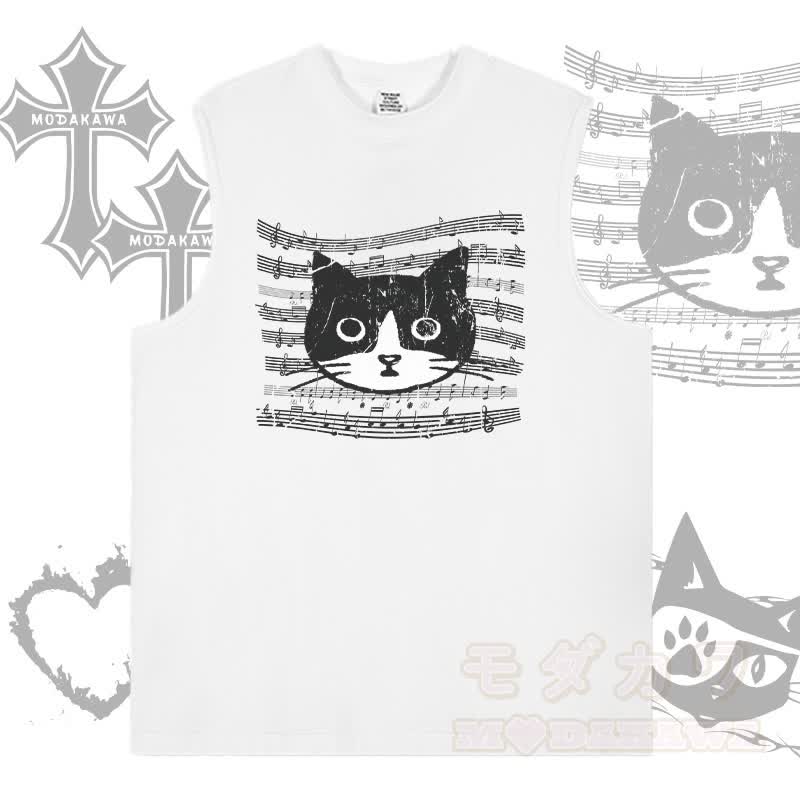MODAKAWA Ärmelloses T-Shirt mit Musiklinien-Katzenmotiv - Weiß - 2XL - image 3
