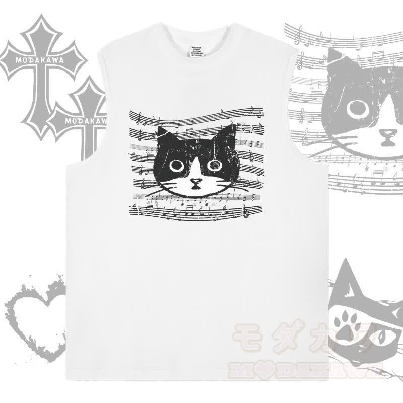 MODAKAWA Ärmelloses T-Shirt mit Musiklinien-Katzenmotiv - Weiß - 2XL - image 3