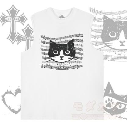 MODAKAWA Ärmelloses T-Shirt mit Musiklinien-Katzenmotiv - Weiß - 2XL - image 3