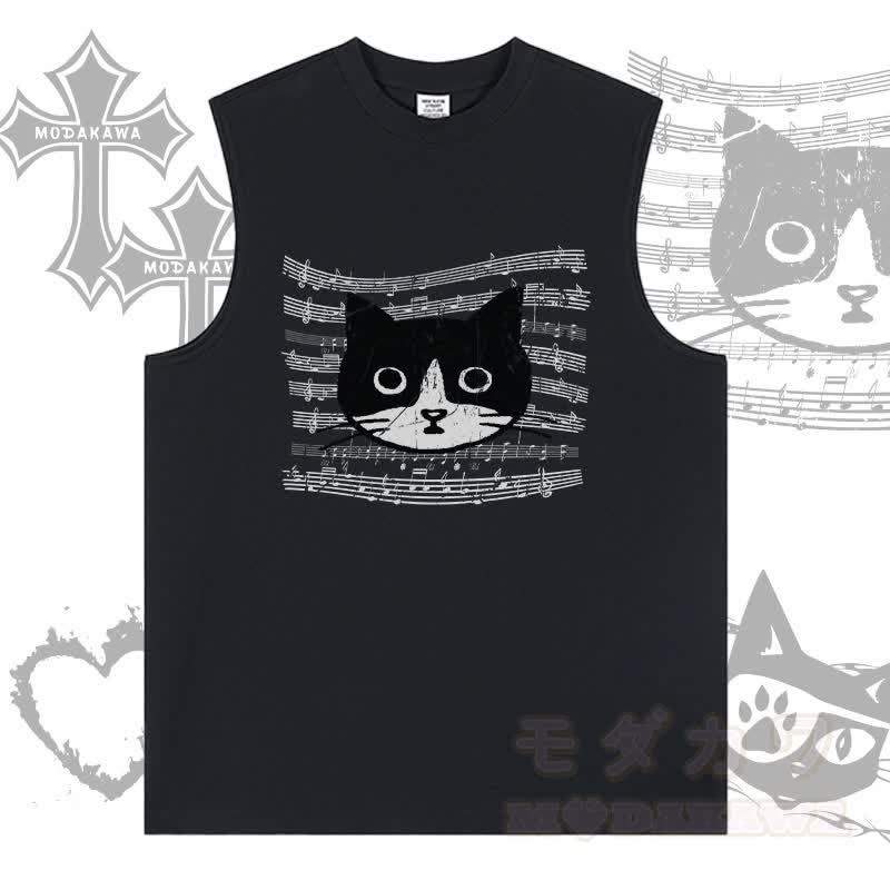 MODAKAWA Ärmelloses T-Shirt mit Musiklinien-Katzenmotiv - Schwarz - 2XL - image 2