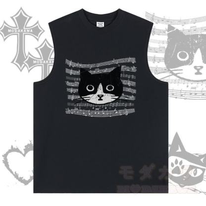 MODAKAWA Ärmelloses T-Shirt mit Musiklinien-Katzenmotiv - Schwarz - 2XL - image 2
