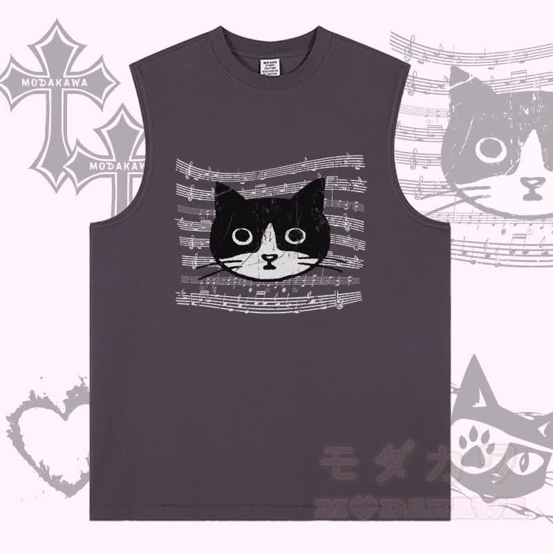 MODAKAWA Ärmelloses T-Shirt mit Musiklinien-Katzenmotiv - Lila - 2XL - image 1