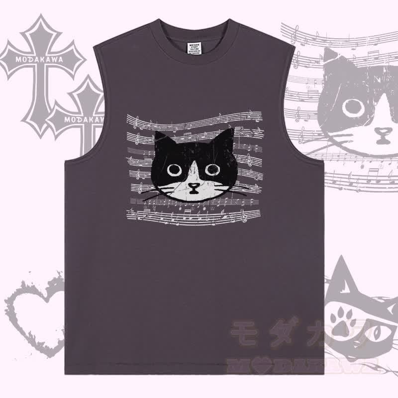 MODAKAWA Ärmelloses T-Shirt mit Musiklinien-Katzenmotiv - Lila - 2XL - image 1