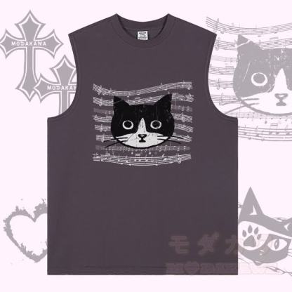 MODAKAWA Ärmelloses T-Shirt mit Musiklinien-Katzenmotiv - Lila - 2XL - image 1