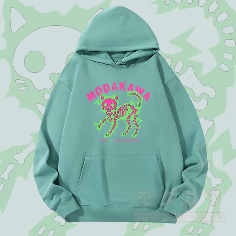 MODAKAWA Schwergewichtiger Hoodie mit elektrisiertem Skelettkatzen-Motiv - Grün - 2XL - image 1