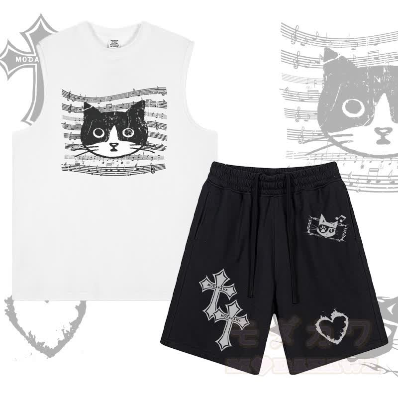 MODAKAWA Ärmelloses T-Shirt mit Musiklinien-Katzenmotiv, Shorts mit Kreuz-, Flammen- und Herzmotiv und Kordelzug (zweiteiliges Set) - Weiß & Schwarz - 2XL - image 2
