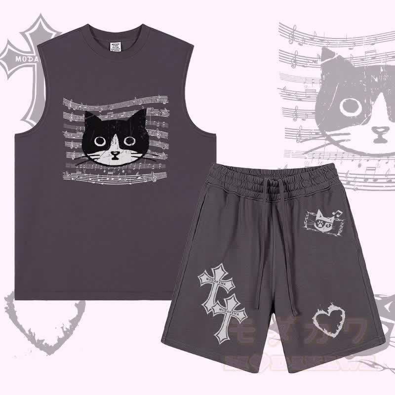 MODAKAWA Ärmelloses T-Shirt mit Musiklinien-Katzenmotiv, Shorts mit Kreuz-, Flammen- und Herzmotiv und Kordelzug (zweiteiliges Set) - Lila - 2XL - image 1