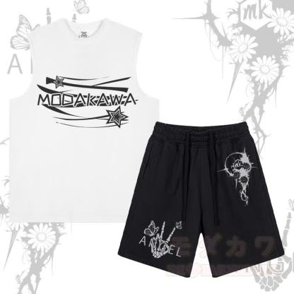 MODAKAWA Ärmelloses T-Shirt mit Sternenbuchstaben-Grafik, Shorts mit Blumen-Skeletthand-Grafik und Kordelzug – Zweiteiliges Set - Weiß & Schwarz - 2XL - image 2