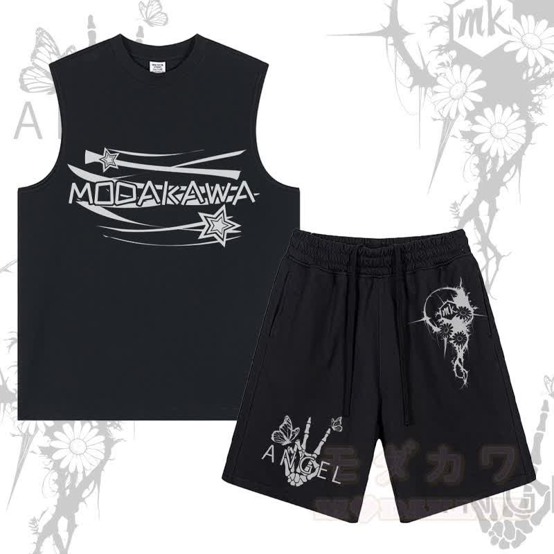 MODAKAWA Ärmelloses T-Shirt mit Sternenbuchstaben-Grafik, Shorts mit Blumen-Skeletthand-Grafik und Kordelzug – Zweiteiliges Set - Schwarz - 2XL - image 1