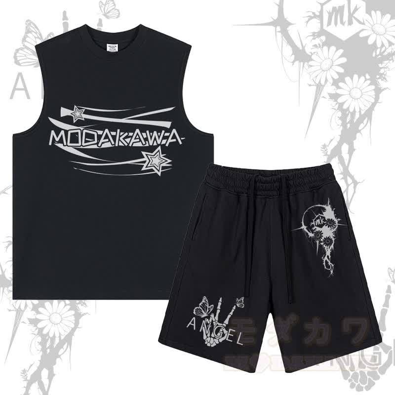 MODAKAWA Ärmelloses T-Shirt mit Sternenbuchstaben-Grafik, Shorts mit Blumen-Skeletthand-Grafik und Kordelzug – Zweiteiliges Set - Schwarz - 2XL - image 1