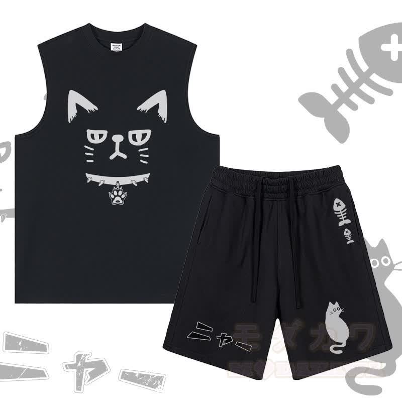 MODAKAWA Ärmelloses T-Shirt mit Katzenmotiv und Shorts mit Kordelzug und Katzen- und Fischgrätenmotiv (zweiteiliges Set) - Schwarz - 2XL - image 3