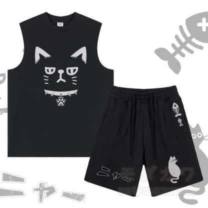 MODAKAWA Ärmelloses T-Shirt mit Katzenmotiv und Shorts mit Kordelzug und Katzen- und Fischgrätenmotiv (zweiteiliges Set) - Schwarz - 2XL - image 3