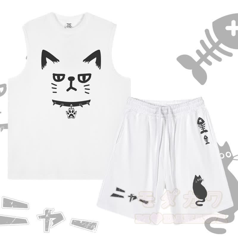MODAKAWA Ärmelloses T-Shirt mit Katzenmotiv und Shorts mit Kordelzug und Katzen- und Fischgrätenmotiv (zweiteiliges Set) - Weiß - 2XL - image 2