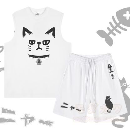 MODAKAWA Ärmelloses T-Shirt mit Katzenmotiv und Shorts mit Kordelzug und Katzen- und Fischgrätenmotiv (zweiteiliges Set) - Weiß - 2XL - image 2