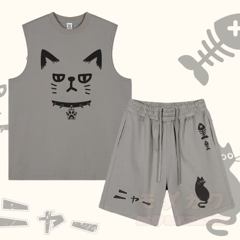 MODAKAWA Ärmelloses T-Shirt mit Katzenmotiv und Shorts mit Kordelzug und Katzen- und Fischgrätenmotiv (zweiteiliges Set) - Grau - 2XL - image 1