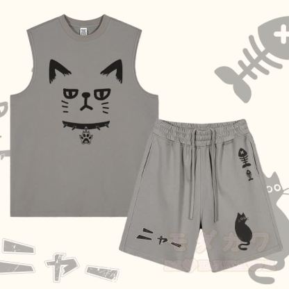 MODAKAWA Ärmelloses T-Shirt mit Katzenmotiv und Shorts mit Kordelzug und Katzen- und Fischgrätenmotiv (zweiteiliges Set) - Grau - 2XL - image 1