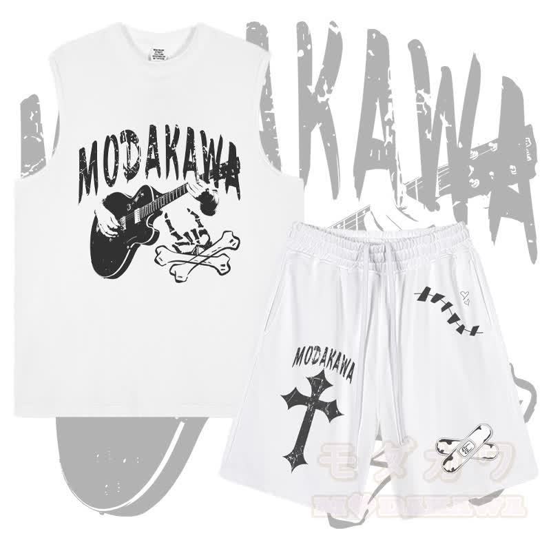 MODAKAWA Ärmelloses T-Shirt mit Gitarrenschädel-Motiv, Shorts mit gekreuzten Bandagen-Motiven und Kordelzug – Zweiteiliges Set - Weiß - 2XL - image 2