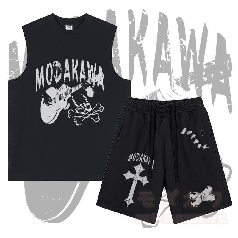 MODAKAWA Ärmelloses T-Shirt mit Gitarrenschädel-Motiv, Shorts mit gekreuzten Bandagen-Motiven und Kordelzug – Zweiteiliges Set - Schwarz - 2XL - image 1