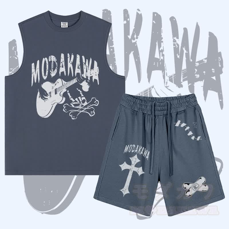 MODAKAWA Ärmelloses T-Shirt mit Gitarrenschädel-Motiv, Shorts mit gekreuzten Bandagen-Motiven und Kordelzug – Zweiteiliges Set - Blau - 2XL - image 3