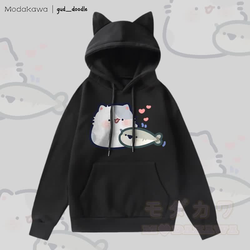 MODAKAWA x gud_doodle Kapuzenpullover mit Katzenohren und Katzenmotiven (mit Katzen- und Fischmotiv) - Schwarz - 2XL - image 1