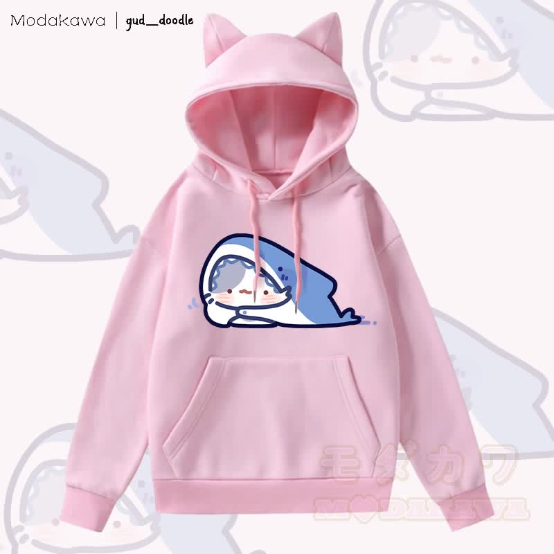 MODAKAWA x gud_doodle Kitty Shark Grafik-Kapuzenpullover mit Fleece-Futter und Katzenohren - Rosa - 2XL - image 2