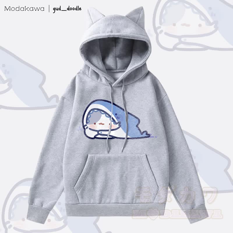 MODAKAWA x gud_doodle Kitty Shark Grafik-Kapuzenpullover mit Fleece-Futter und Katzenohren - Grau - 2XL - image 1
