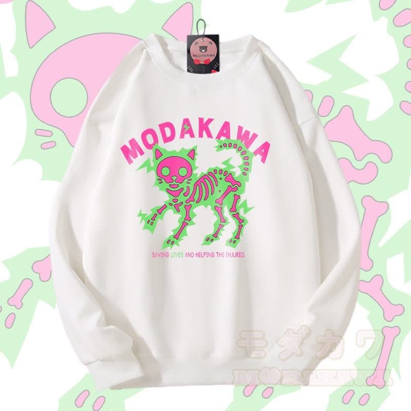 MODAKAWA Unisex-Sweatshirt mit elektrisiertem Skelettkatzen-Motiv - Weiß A - 5XL - image 2