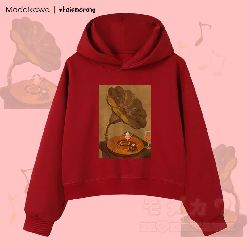 MODAKAWA X whoismorang Tier, das ein Grammophon bedient Grafik Cropped Cotton Hoodie - Weinrot - 3XL - image 2