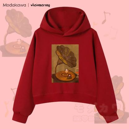 MODAKAWA X whoismorang Tier, das ein Grammophon bedient Grafik Cropped Cotton Hoodie - Weinrot - 3XL - image 2