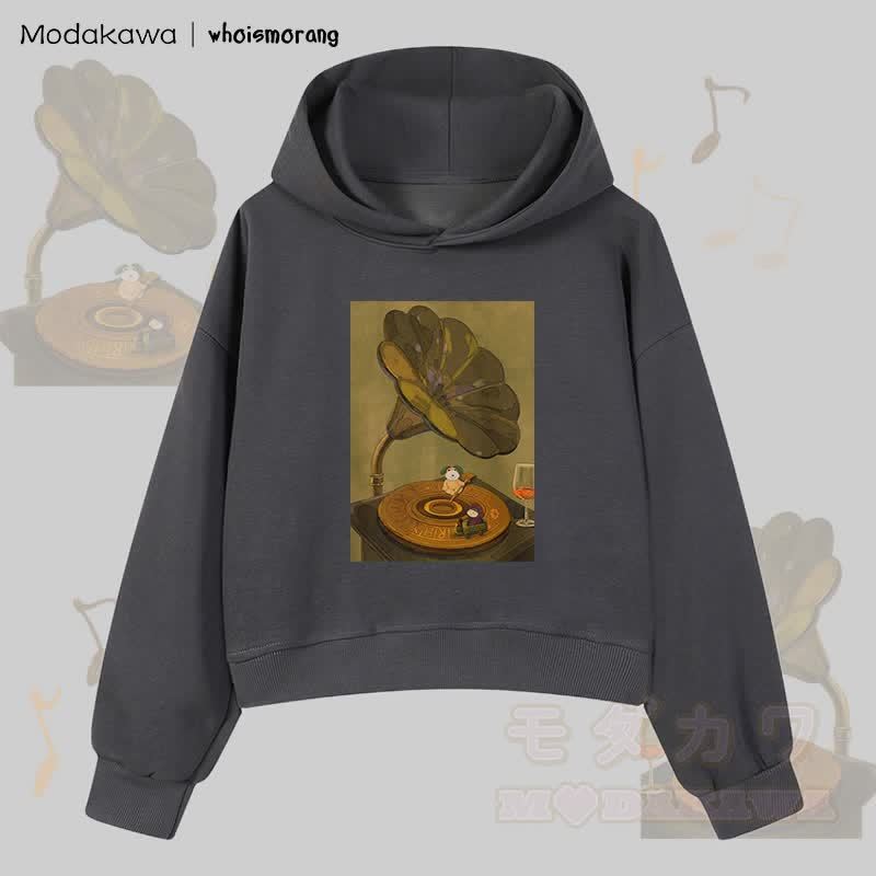 MODAKAWA X whoismorang Tier, das ein Grammophon bedient Grafik Cropped Cotton Hoodie - Dunkelgrau - 3XL - image 1