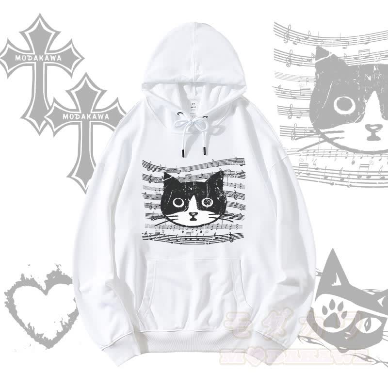 MODAKAWA Musikstab Katzengrafik Streetwear Pullover Hoodie - Weiß - 5XL - image 2