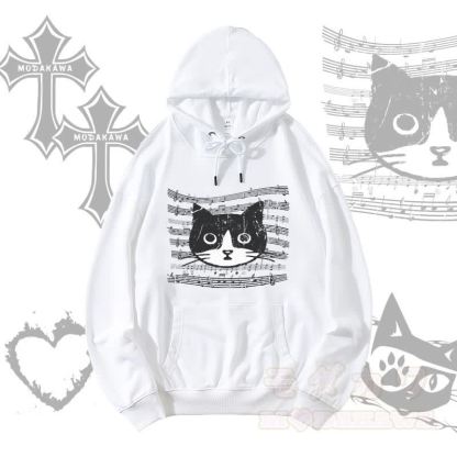 MODAKAWA Musikstab Katzengrafik Streetwear Pullover Hoodie - Weiß - 5XL - image 2