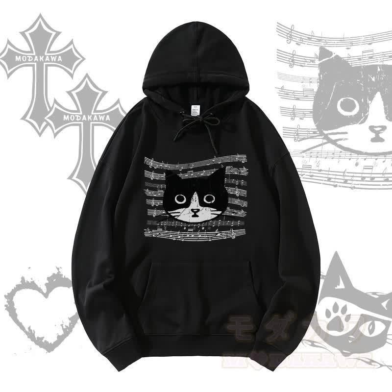 MODAKAWA Musikstab Katzengrafik Streetwear Pullover Hoodie - Schwarz - 5XL - image 1