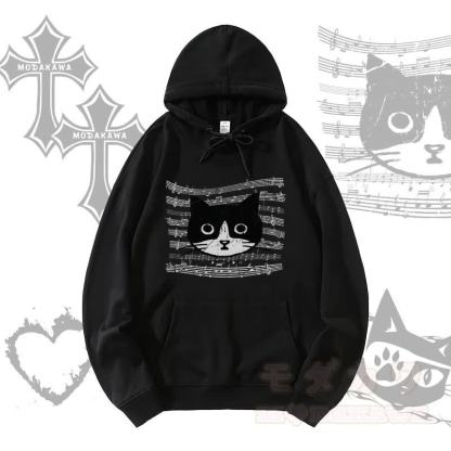 MODAKAWA Musikstab Katzengrafik Streetwear Pullover Hoodie - Schwarz - 5XL - image 1