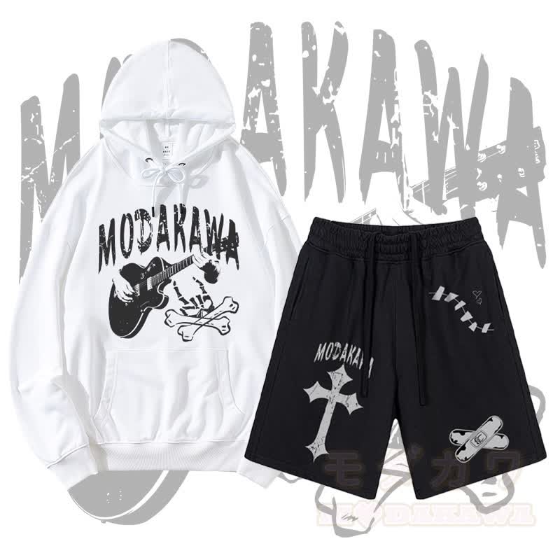 MODAKAWA Gitarrenschädel-Motiv-Pullover-Hoodie und Shorts mit Kreuzbandagen-Motiv und Kordelzug, zweiteiliges Set - Weiß & Schwarz - 2XL - image 2