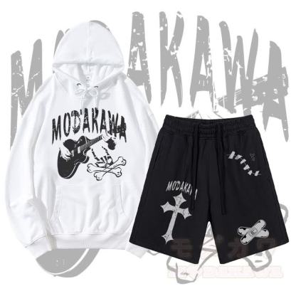MODAKAWA Gitarrenschädel-Motiv-Pullover-Hoodie und Shorts mit Kreuzbandagen-Motiv und Kordelzug, zweiteiliges Set - Weiß & Schwarz - 2XL - image 2