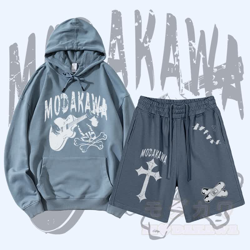 MODAKAWA Gitarrenschädel-Motiv-Pullover-Hoodie und Shorts mit Kreuzbandagen-Motiv und Kordelzug, zweiteiliges Set - Blau - 2XL - image 1