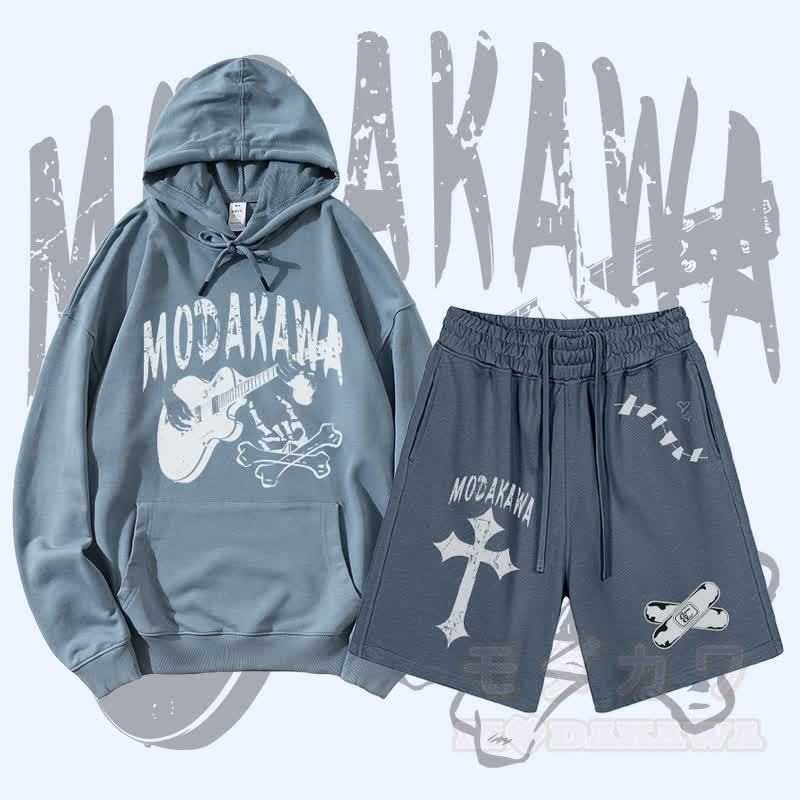 MODAKAWA Gitarrenschädel-Motiv-Pullover-Hoodie und Shorts mit Kreuzbandagen-Motiv und Kordelzug, zweiteiliges Set - Blau - 2XL - image 1