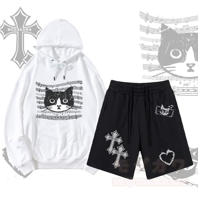 MODAKAWA Pullover-Hoodie mit Musiknoten-Katzenmotiv, Kreuzflammen- und Herzmotiv, Shorts mit Kordelzug, zweiteiliges Set - Weiß & Schwarz - 2XL - image 2
