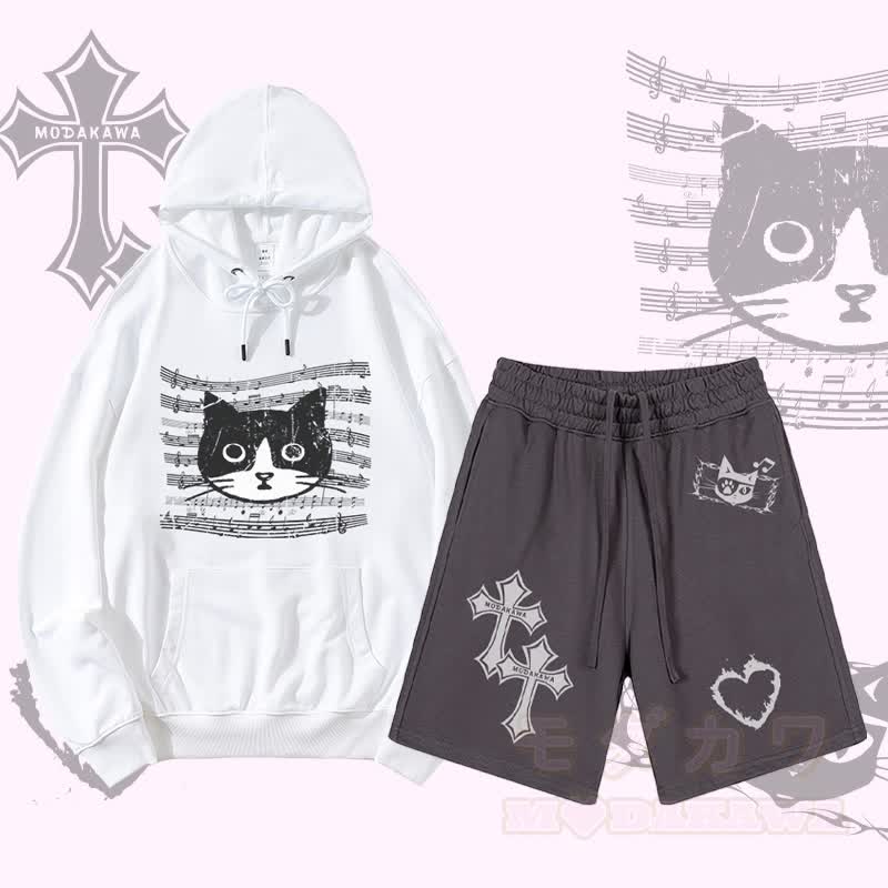 MODAKAWA Pullover-Hoodie mit Musiknoten-Katzenmotiv, Kreuzflammen- und Herzmotiv, Shorts mit Kordelzug, zweiteiliges Set - Weiß & Lila - 2XL - image 1