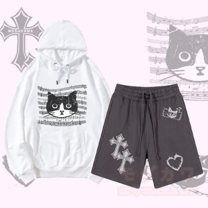 MODAKAWA Pullover-Hoodie mit Musiknoten-Katzenmotiv, Kreuzflammen- und Herzmotiv, Shorts mit Kordelzug, zweiteiliges Set - Weiß & Lila - 2XL - image 1