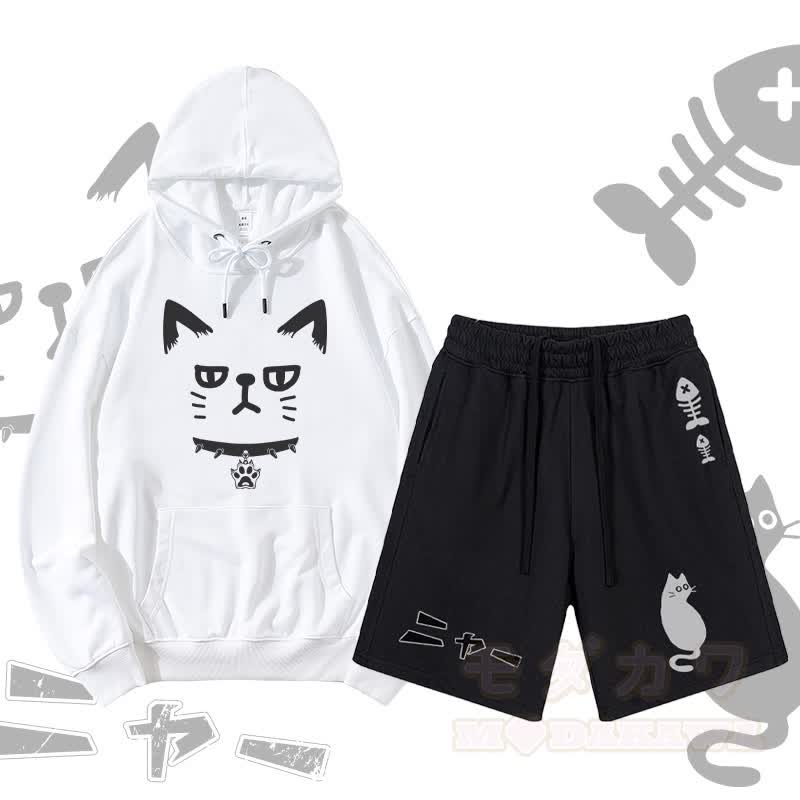 MODAKAWA Pullover-Hoodie mit Katzenmotiv und Shorts mit Katzen- und Fischgrätenmotiv (zweiteiliges Set) - Weiß & Schwarz - 2XL - image 2