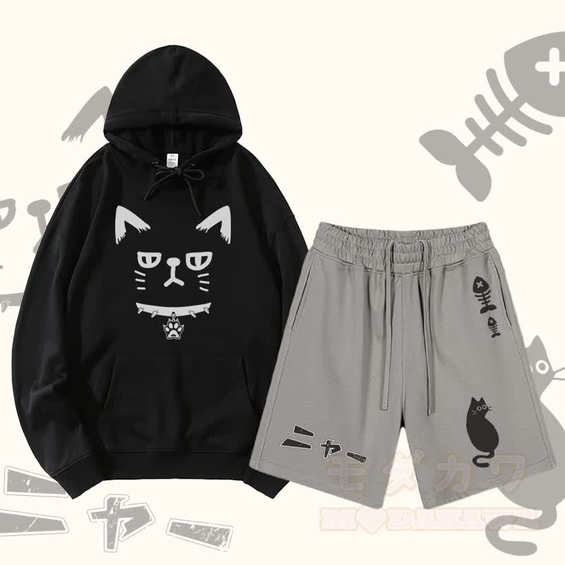 MODAKAWA Pullover-Hoodie mit Katzenmotiv und Shorts mit Katzen- und Fischgrätenmotiv (zweiteiliges Set) - Schwarz & Grau - 2XL - image 1