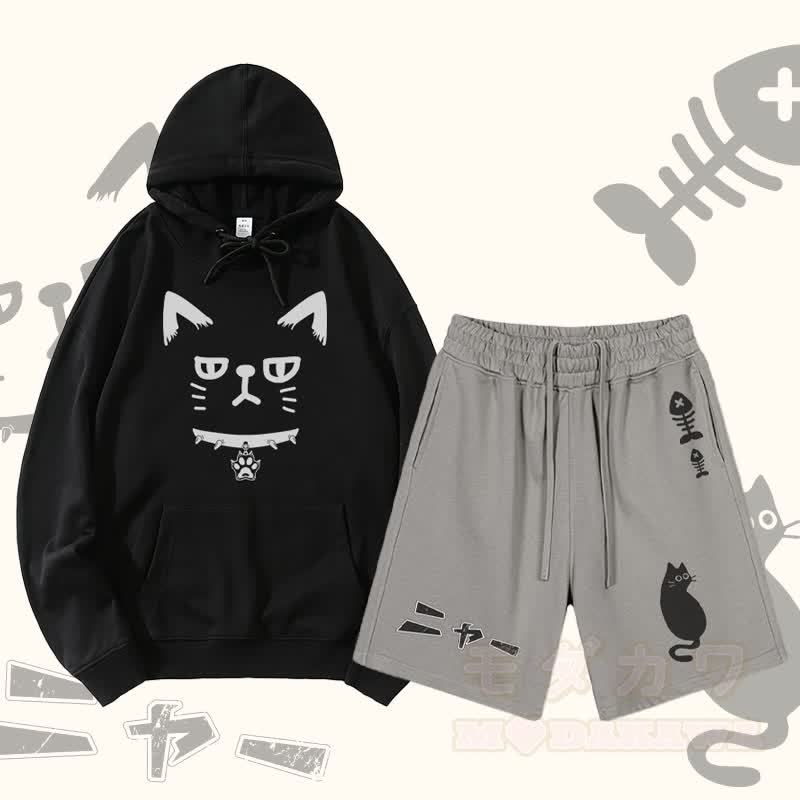 MODAKAWA Pullover-Hoodie mit Katzenmotiv und Shorts mit Katzen- und Fischgrätenmotiv (zweiteiliges Set) - Schwarz & Grau - 2XL - image 1