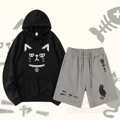 MODAKAWA Pullover-Hoodie mit Katzenmotiv und Shorts mit Katzen- und Fischgrätenmotiv (zweiteiliges Set) - Schwarz & Grau - 2XL - image 1