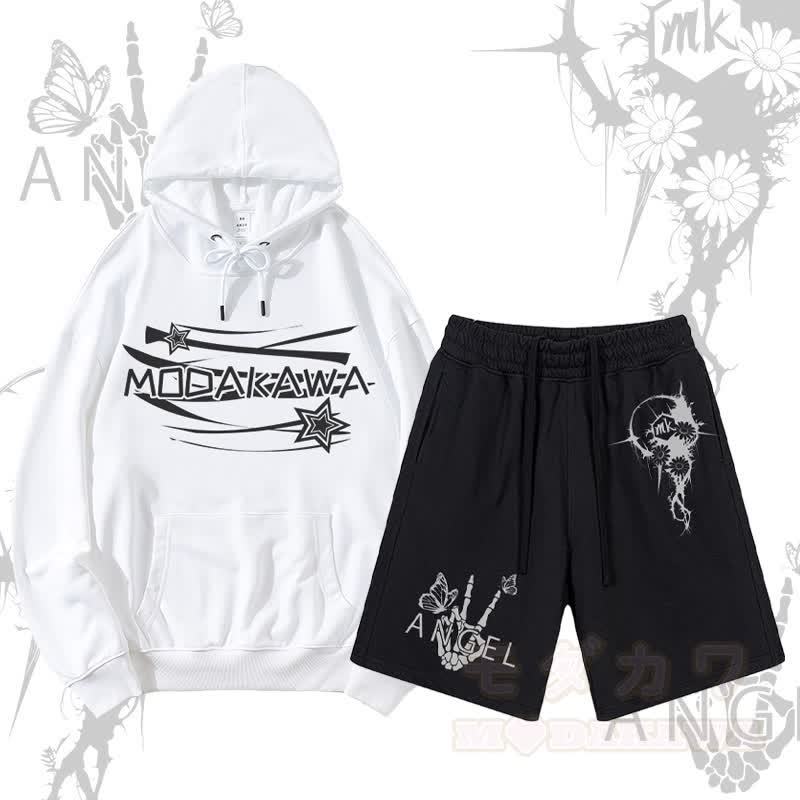 MODAKAWA Pullover-Hoodie mit Sternenbuchstaben-Grafik und Shorts mit Blumen-Skeletthand-Grafik und Kordelzug, zweiteiliges Set - Weiß & Schwarz - 2XL - image 2